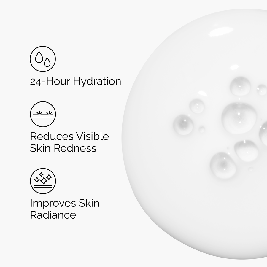 Graphic listing key benefits of Rice Lipids + Ectoin Microemulsion: 24-hour hydration, reduced visible skin redness, and improved skin radiance, shown next to a drop of the milky white product texture.