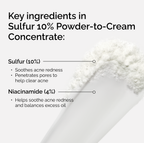 Key ingredients in Sulfur 10% Powder-to-Cream Concentrate include 10% Sulfur and 4% Niacinamide